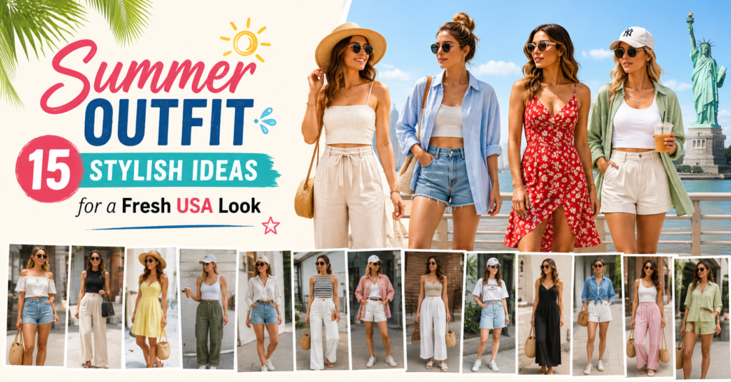 Women wearing stylish summer outfit with modern USA fashion looks, featuring casual dresses, shorts, and light layers for a fresh summer style.