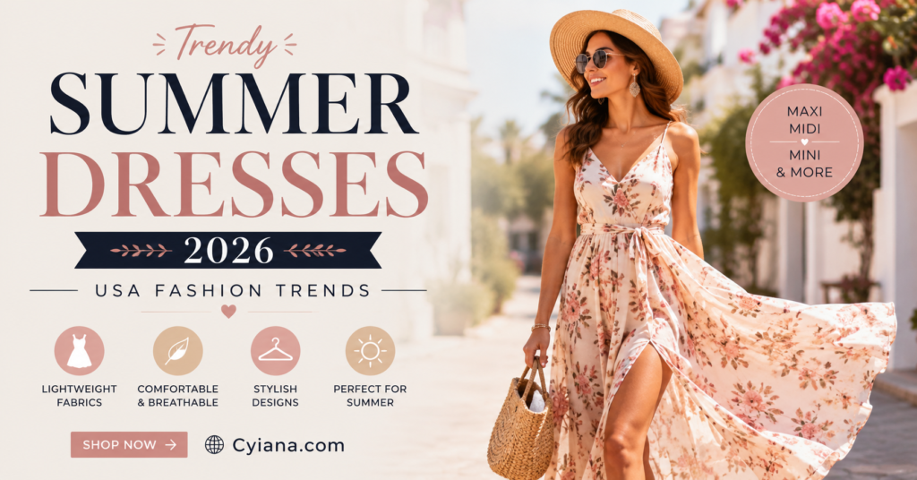 Woman wearing a trendy floral summer dresses for USA summer fashion trends 2026