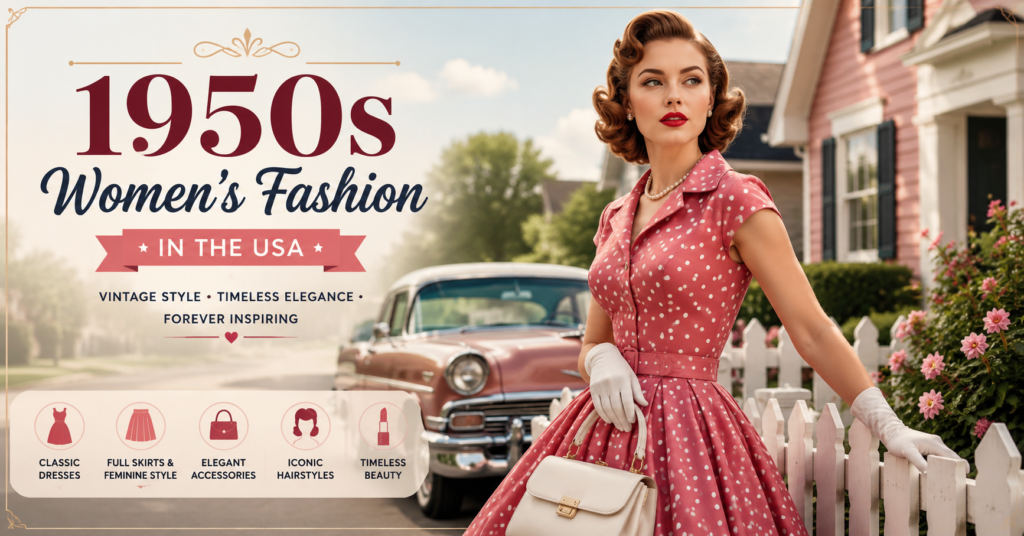 1950s women’s fashion in the USA, showing a vintage dress, classic hairstyle, and elegant retro American style