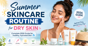 Summer skincare routine for dry skin with hydrating cream, serum, and SPF for healthy, glowing skin in 2026
