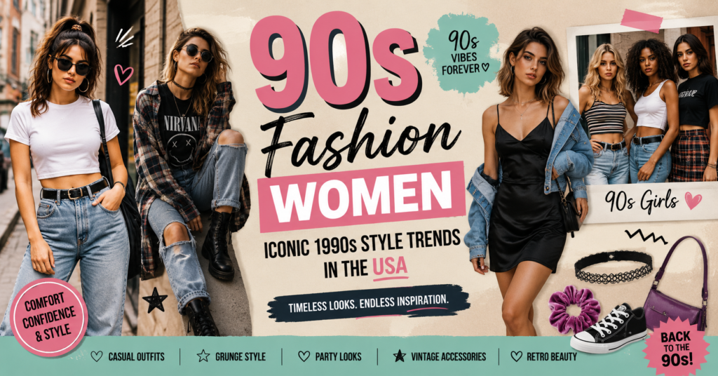 90s fashion for women wearing iconic 1990s outfits including crop tops, baggy jeans, slip dresses, and grunge style in the USA