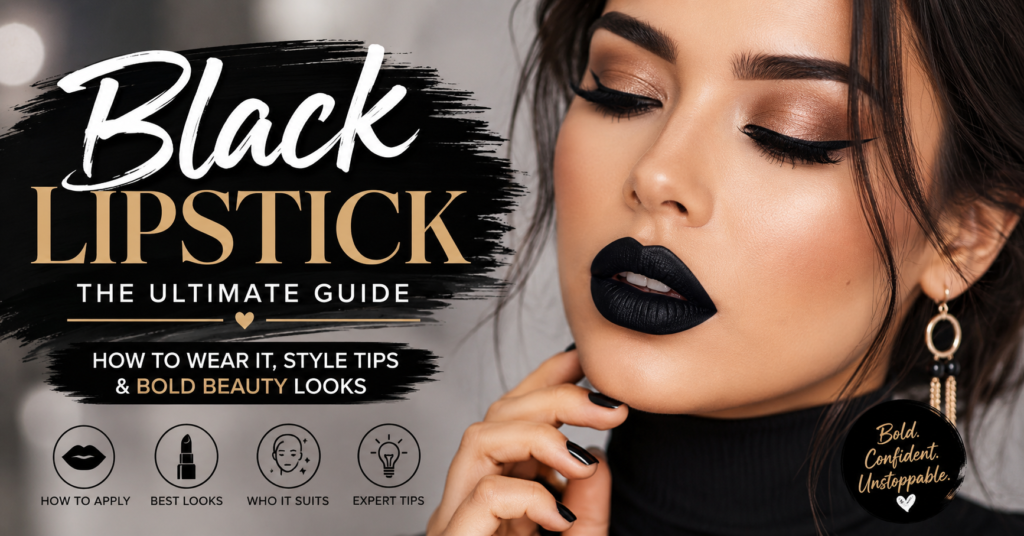 Woman wearing black lipstick with soft eye makeup showing bold and modern beauty style