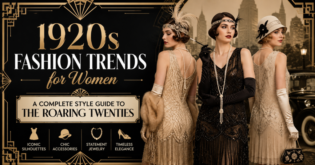 1920s fashion trends for women featuring flapper dresses, Art Deco style, and classic Roaring Twenties outfits