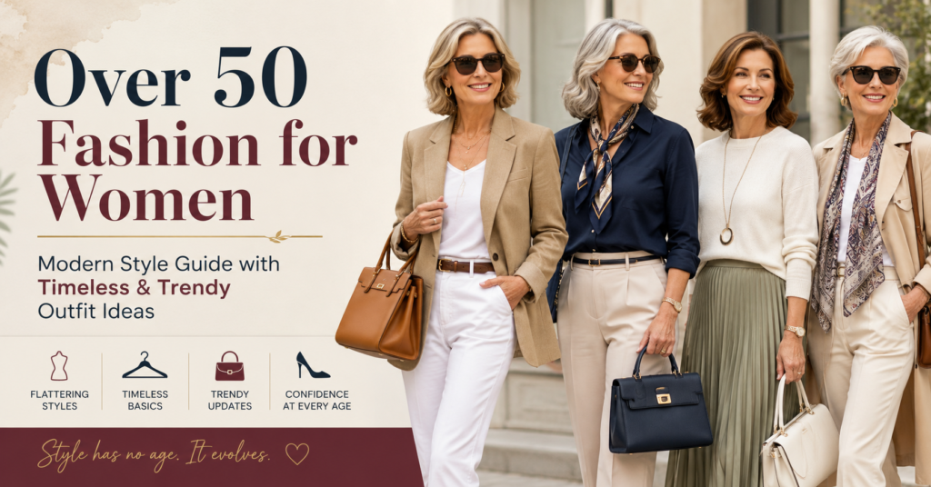 Over 50 fashion for women featuring modern, elegant, and timeless outfit ideas with confident mature women styles