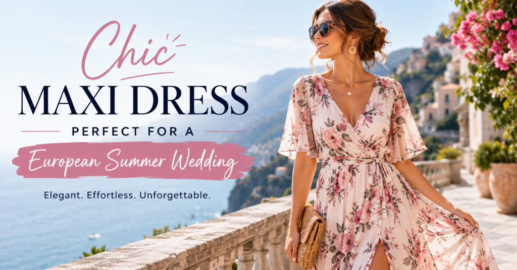Chic maxi dress worn by a woman at a European summer wedding with coastal background, perfect wedding guest outfit for women.
