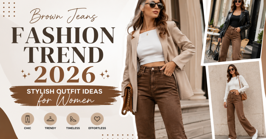 Women wearing trendy brown jeans fashion trend styled with modern tops and accessories, showcasing the brown jeans fashion trend for women in 2026.