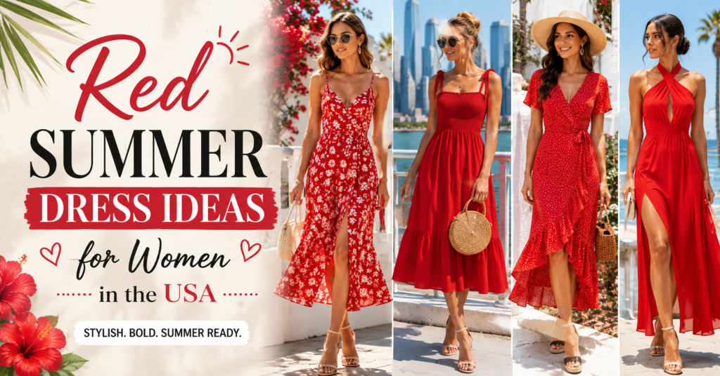 Women wearing stylish red summer dress in outdoor settings, showcasing trendy fashion styles in the USA