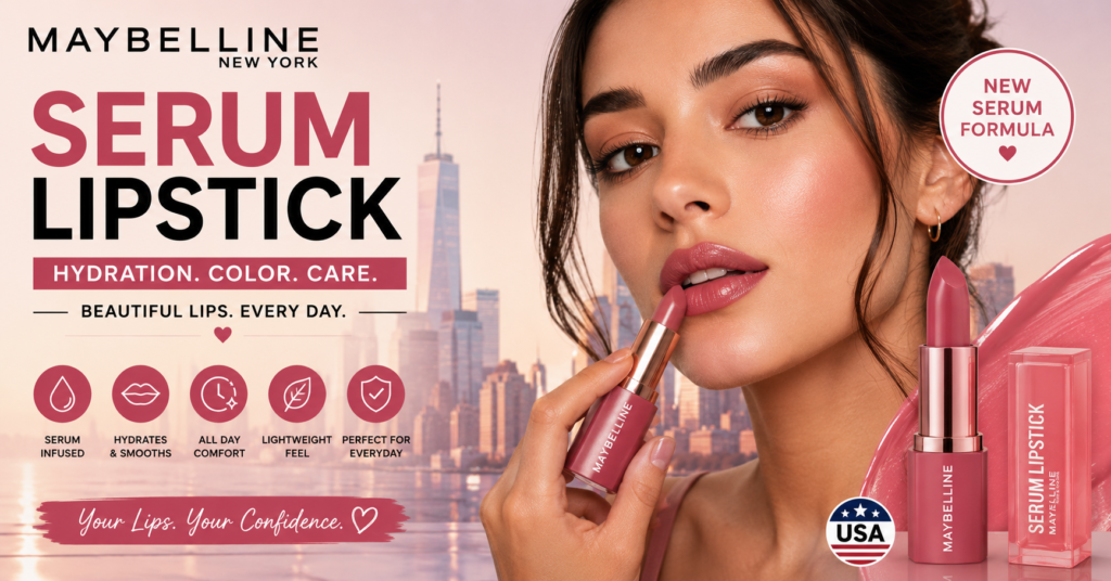 Maybelline serum lipstick with glossy finish and hydrating formula, perfect for everyday makeup looks in the USA