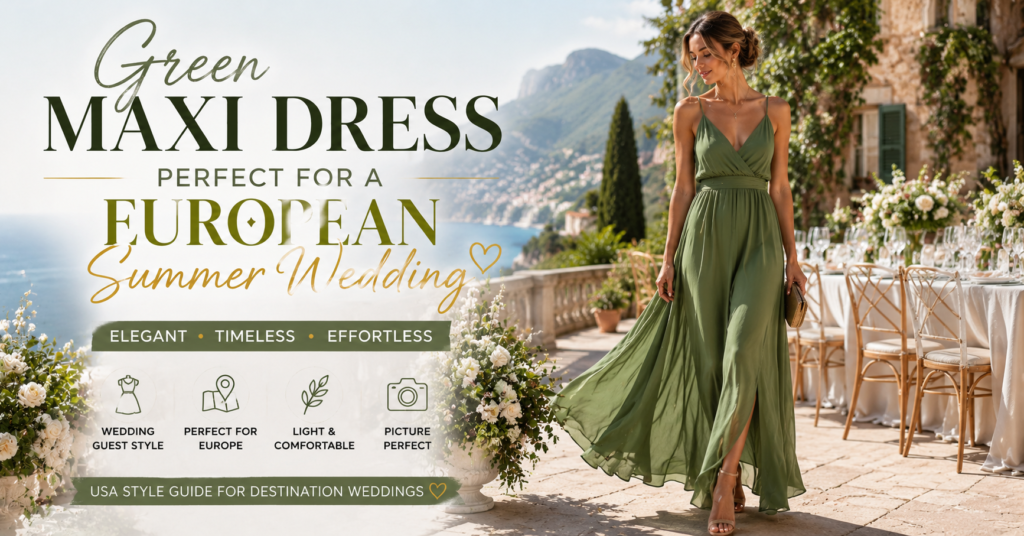 Green maxi dress for a European summer wedding worn by a wedding guest in an elegant outdoor European setting