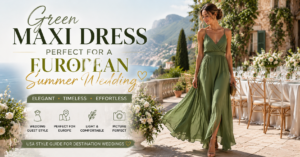 Green maxi dress for a European summer wedding worn by a wedding guest in an elegant outdoor European setting