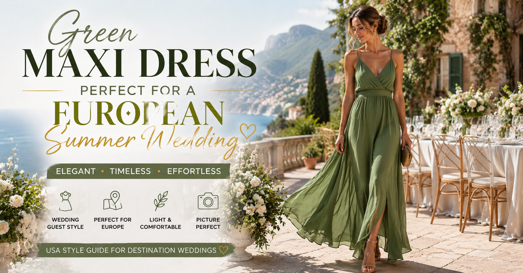 Green maxi dress for a European summer wedding worn by a wedding guest in an elegant outdoor European setting