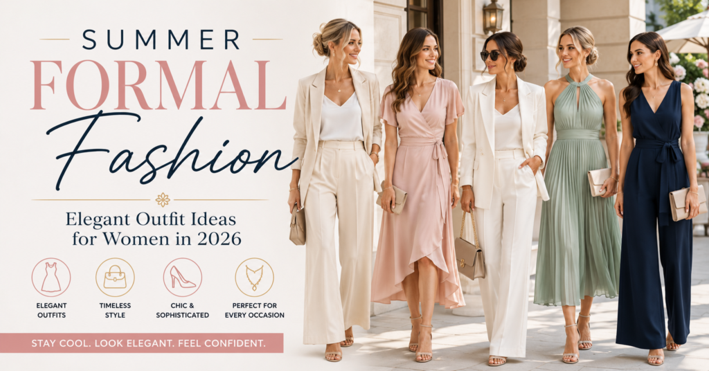 Stylish women wearing elegant summer formal fashion including tailored white suits, satin dresses, chiffon gowns, and chic evening wear for 2026 fashion trends.