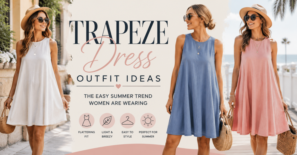 Women wearing stylish trapeze dress outfits in white, sage green, and floral prints with summer accessories, showcasing trendy trapeze dress outfit ideas for Summer 2026 in the USA.