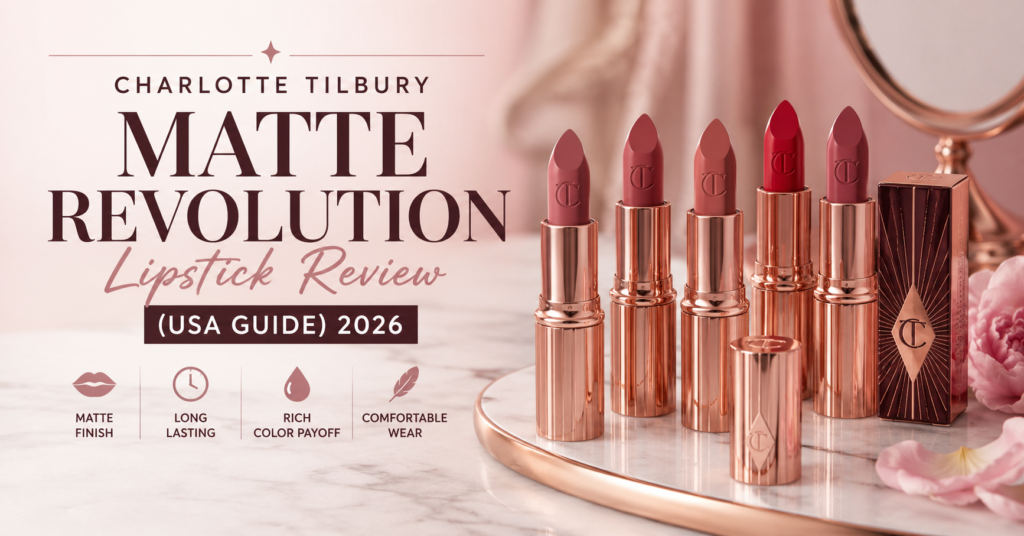 Charlotte Tilbury Matte Revolution Lipstick Review feature image showing luxury matte lipsticks with rose gold packaging for the USA Guide 2026.