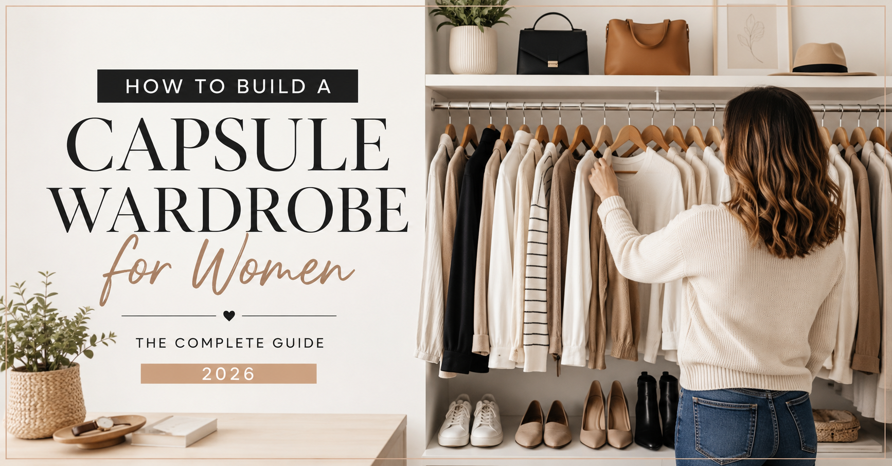 Woman organizing a capsule wardrobe for women with neutral clothing essentials, shoes, and accessories in a modern closet for a 2026 women's fashion guide.