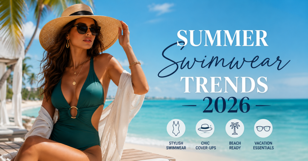 Woman wearing a stylish one-piece swimsuit with a beach cover-up, hat, and sunglasses, representing the top Summer Swimwear Trends 2026