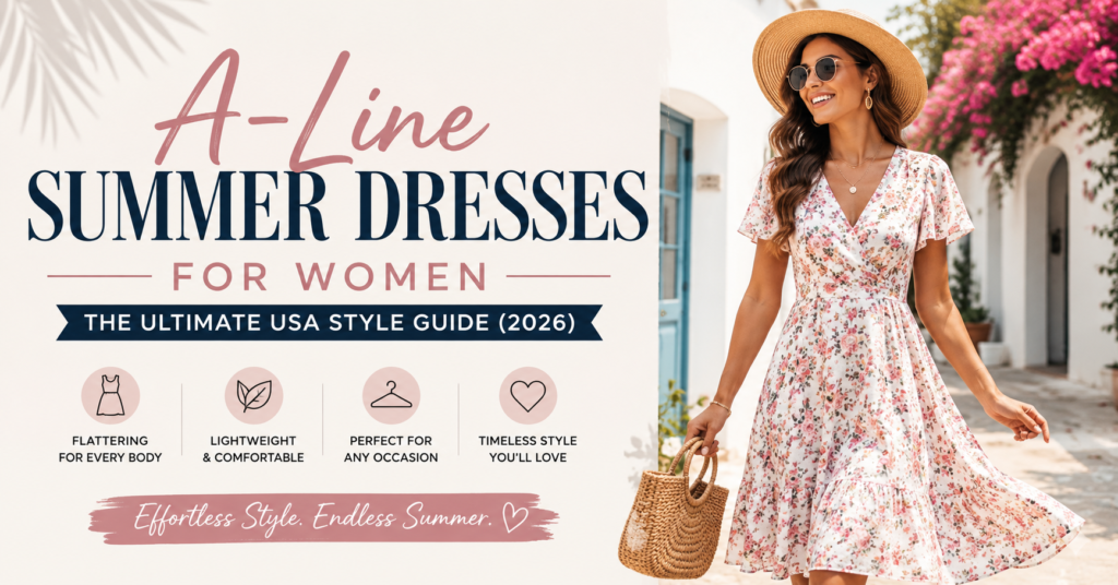 Woman wearing a floral A-line summer dresses with a straw hat, showcasing a stylish and comfortable summer fashion look for women in 2026.
