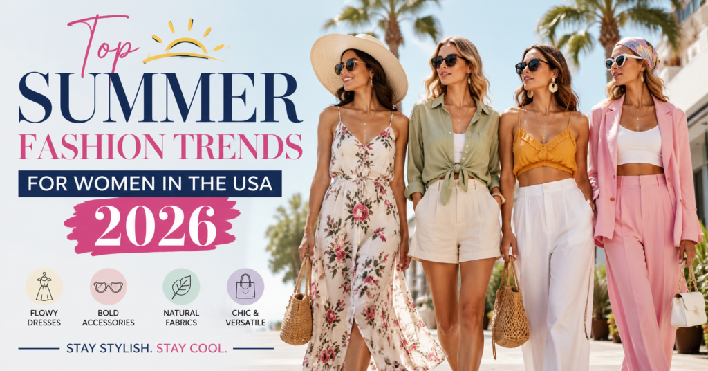 Four fashionable women wearing trendy summer outfits with floral dresses, linen clothing, pastel colors, sunglasses, and stylish accessories, representing the top summer fashion trends for women in the USA in 2026.