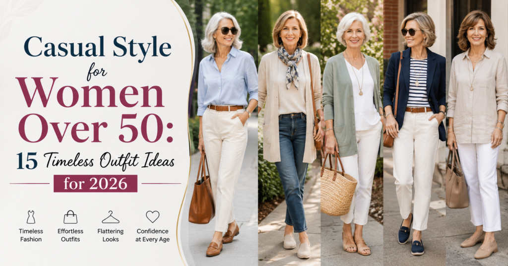 Casual Style for Women Over 50 wearing elegant casual outfits including blazers, white pants, linen shirts, cardigans, and loafers for timeless everyday fashion in 2026.
