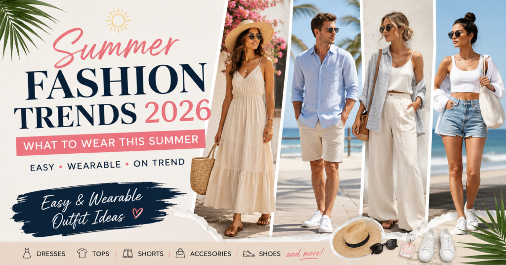Summer fashion trends 2026 featuring easy and wearable outfits for men and women in the USA, including breathable fabrics, casual summer dresses, linen shirts, shorts, and comfortable footwear.