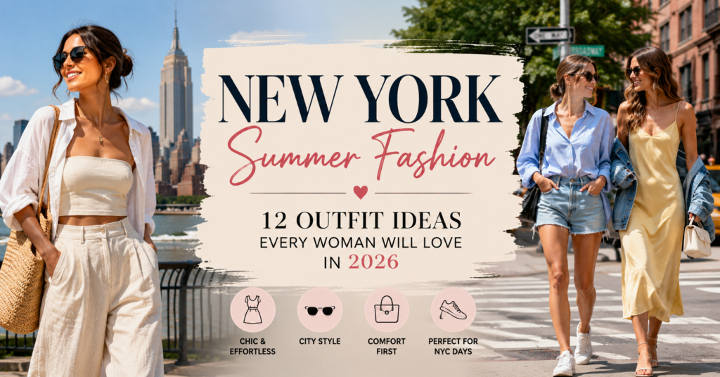 Stylish woman wearing a chic New York summer fashion outfit with a white linen shirt, denim shorts, and sunglasses on a sunny NYC street in 2026.