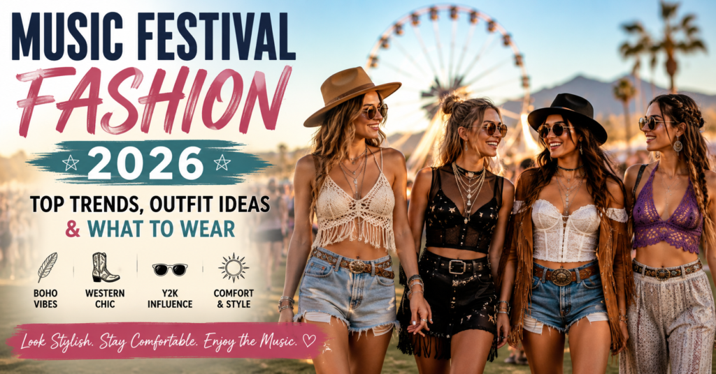 Music Festival Fashion 2026 feature image showing four women wearing trendy festival outfits with crochet tops, denim shorts, cowboy hats, boho style, Western-inspired accessories, and stylish summer festival fashion.