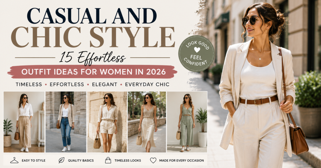 Casual and Chic Style featuring women's elegant everyday outfits with blazers, wide-leg trousers, linen clothing, classic dresses, and timeless fashion inspiration for 2026.