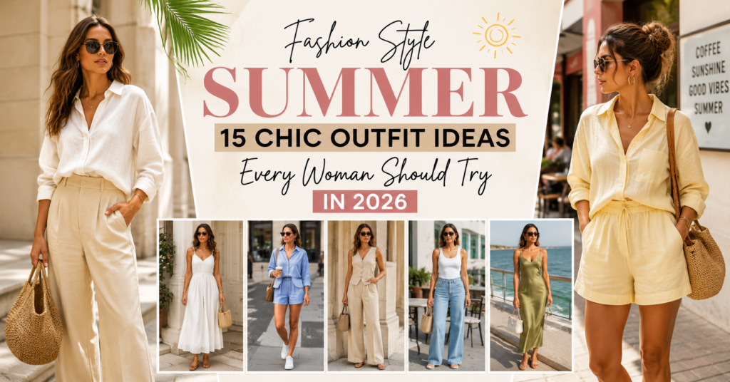 Fashion Style Summer 2026 featuring stylish women's summer outfits including linen sets, maxi dresses, casual chic looks, and trendy street style inspiration.