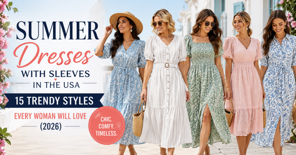 Five women wearing stylish summer dresses with sleeves in pastel colors, highlighting trendy 2026 fashion styles for women in the USA.