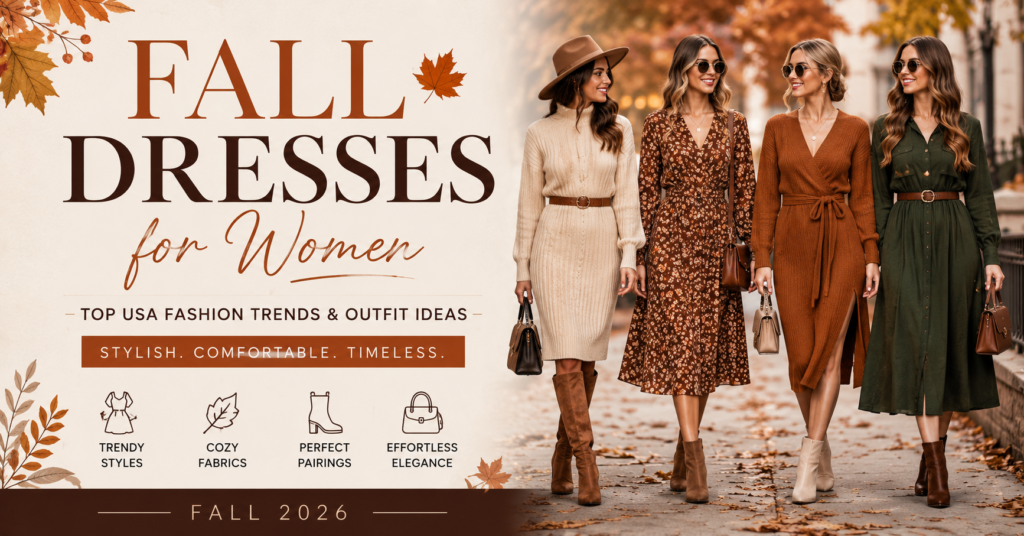 Fall dresses for women featuring stylish autumn outfits, sweater dresses, knit dresses, boots, and USA fashion trends for 2026.