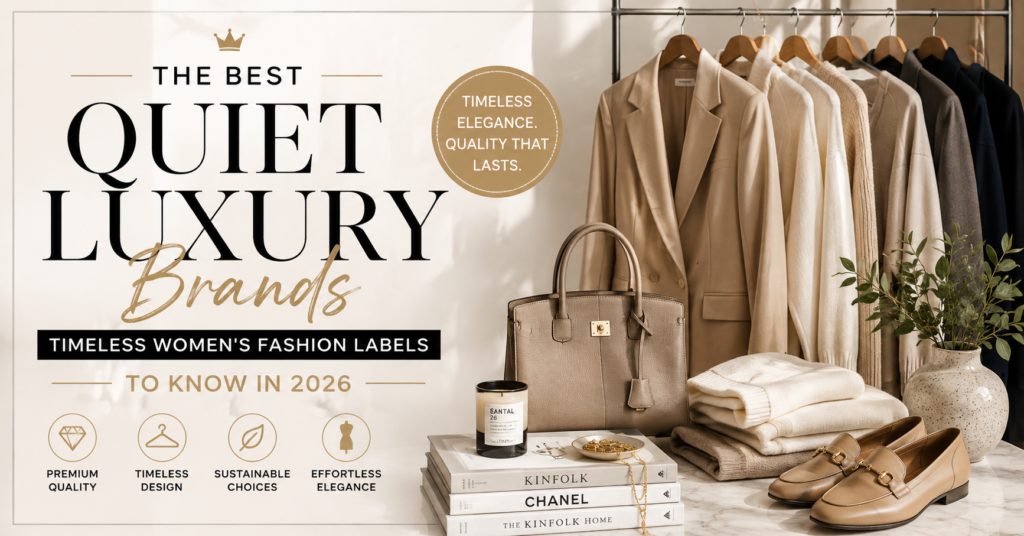 Quiet luxury brands featuring elegant women's fashion essentials including neutral blazers, premium handbags, knitwear, and timeless accessories for 2026.