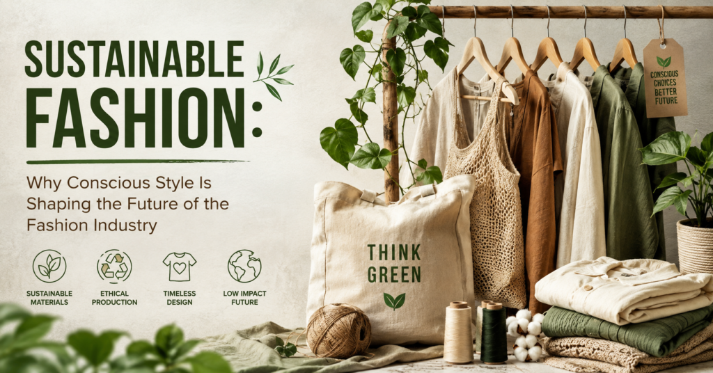 Eco-friendly Sustainable Fashion sustainable clothing on wooden hangers, a reusable tote bag with "Think Green" text, organic fabrics, cotton, plants, and the headline "Sustainable Fashion: Why Conscious Style Is Shaping the Future of the Fashion Industry.